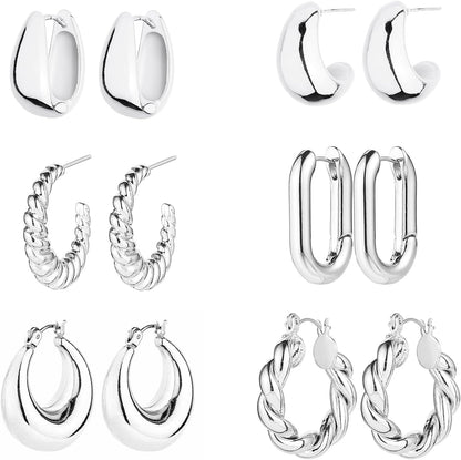 6 Pairs 14K Gold Plated Chunky Hoop Earrings Set for Women – Lightweight Twisted Huggie Hoops Multipack