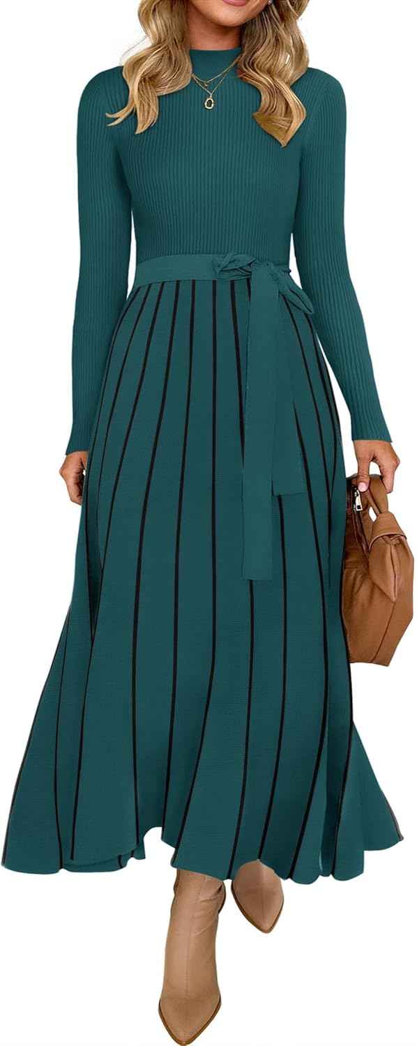 Womens Turtleneck Long Sleeve Tie Waist Sweater Midi Dress
