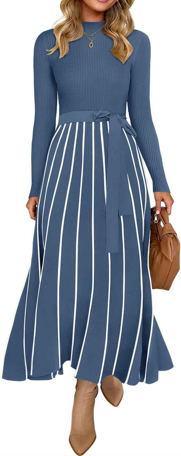 Womens Turtleneck Long Sleeve Tie Waist Sweater Midi Dress