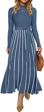 Womens Turtleneck Long Sleeve Tie Waist Sweater Midi Dress