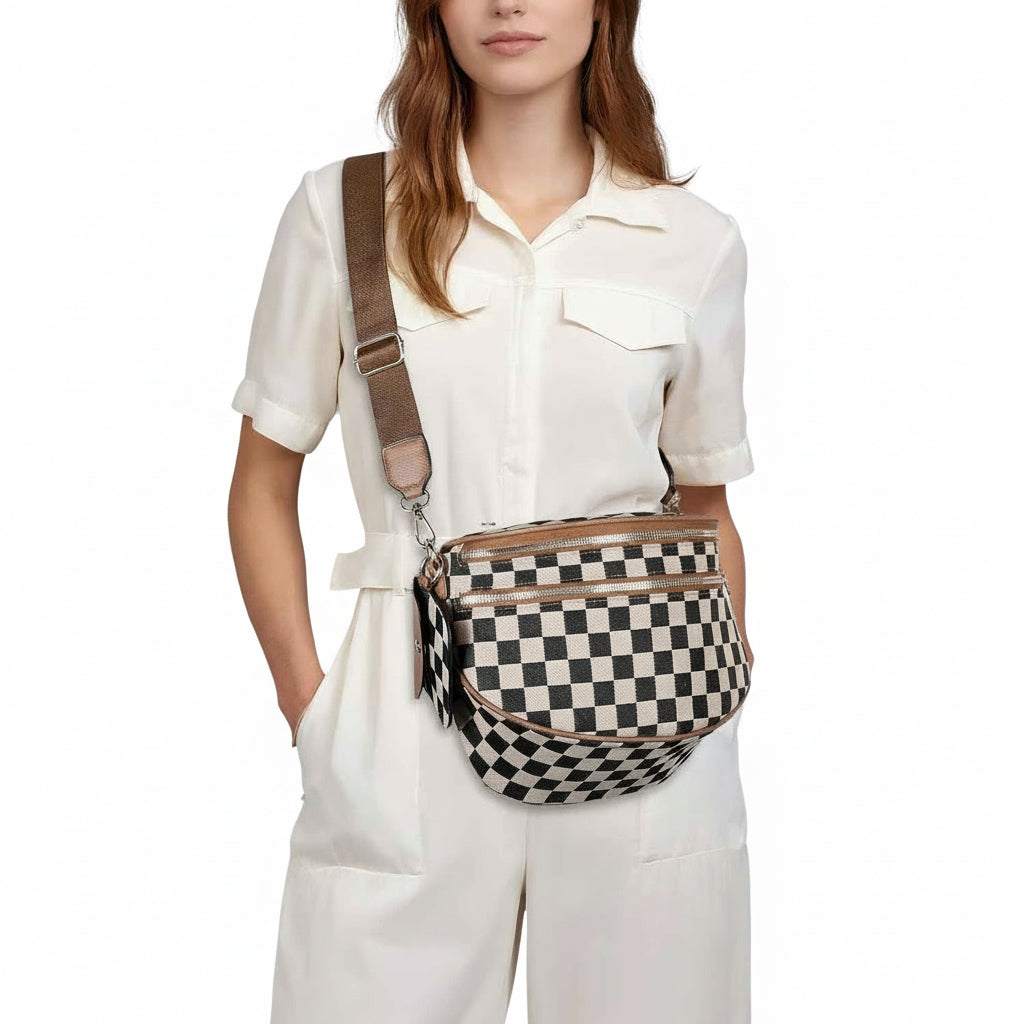 Canvas Crossbody Bag for Women - Checkered Design