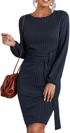 Women's Knitted Sweater Dress with Casual Long Lantern Sleeves for Effortless Style