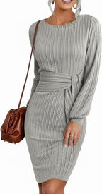 Women's Knitted Sweater Dress with Casual Long Lantern Sleeves for Effortless Style