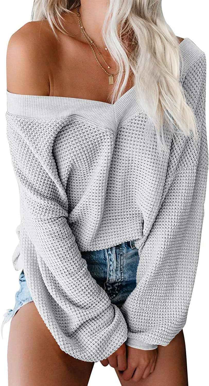 Women's Oversized off the Shoulder Long Sleeve Waffle Knit Sweater Top