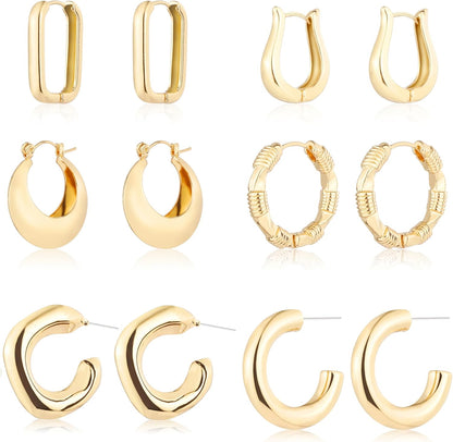 6 Pairs 14K Gold Plated Chunky Hoop Earrings Set for Women – Lightweight Twisted Huggie Hoops Multipack
