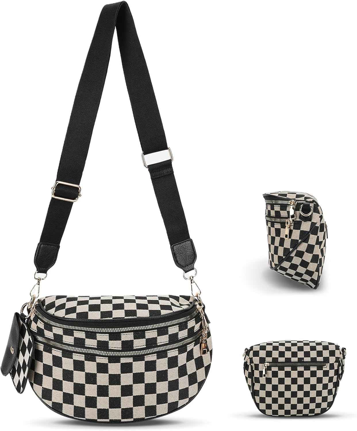 Canvas Crossbody Bag for Women - Checkered Design