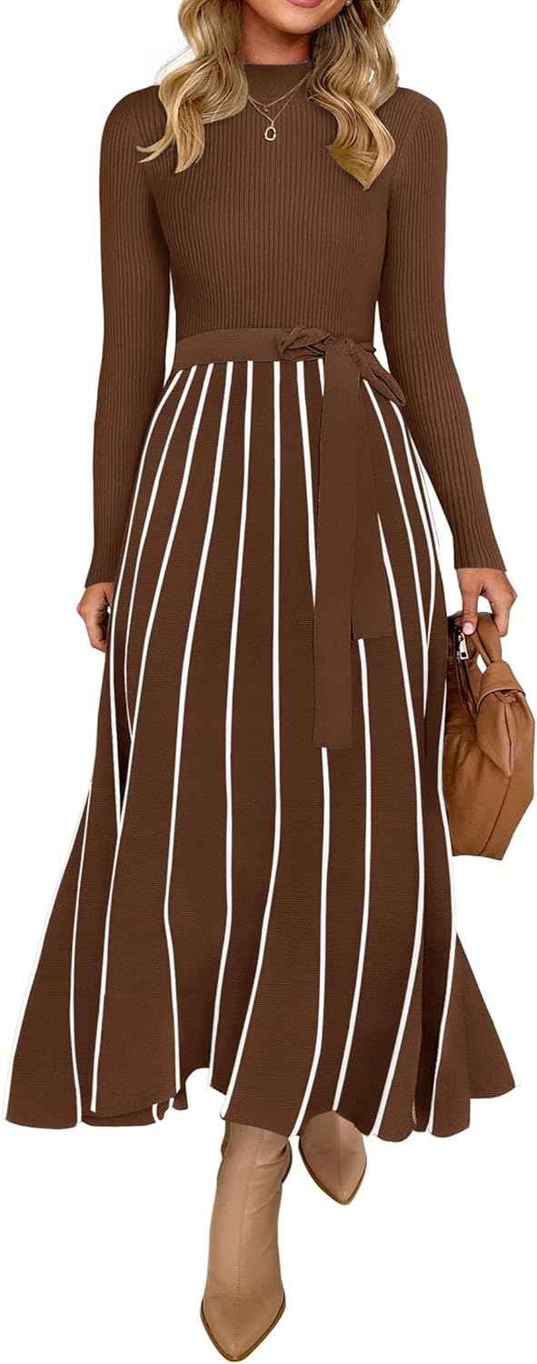 Womens Turtleneck Long Sleeve Tie Waist Sweater Midi Dress