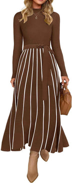 Womens Turtleneck Long Sleeve Tie Waist Sweater Midi Dress