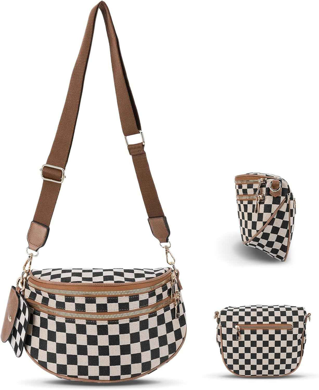 Canvas Crossbody Bag for Women - Checkered Design