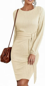 Women's Knitted Sweater Dress with Casual Long Lantern Sleeves for Effortless Style