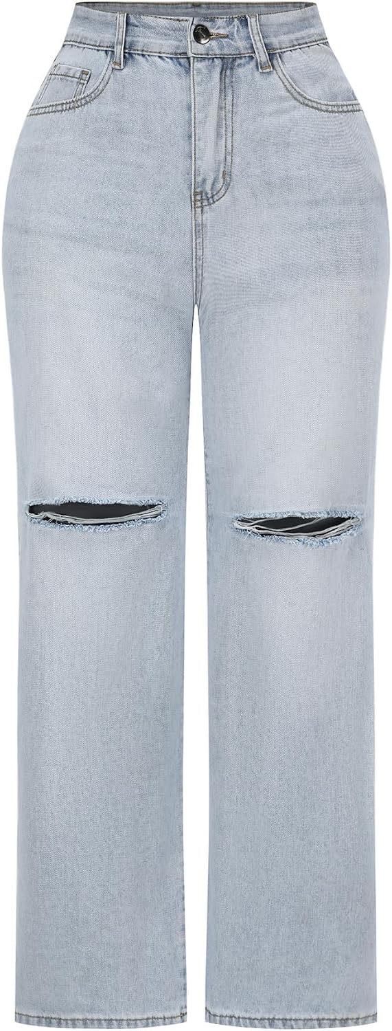 Women's High Waisted Ripped Wide Leg Baggy Jeans