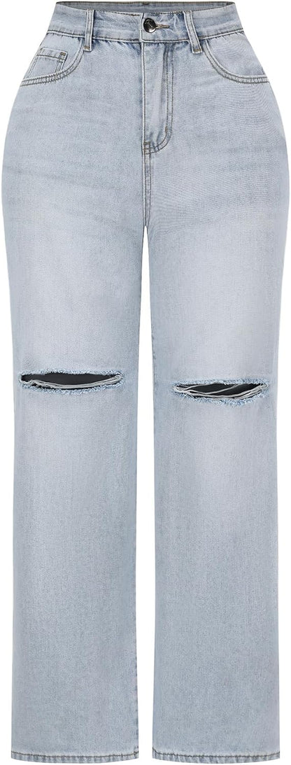 Women's High Waisted Ripped Wide Leg Baggy Jeans