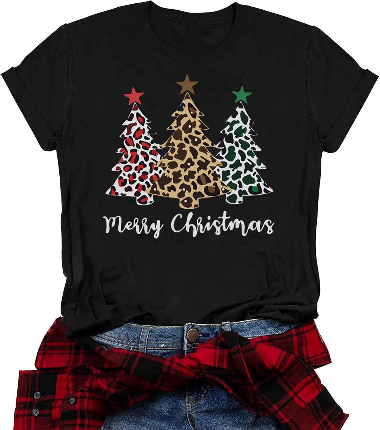 Merry Christmas Short Sleeve Casual Graphic T Shirt for Women
