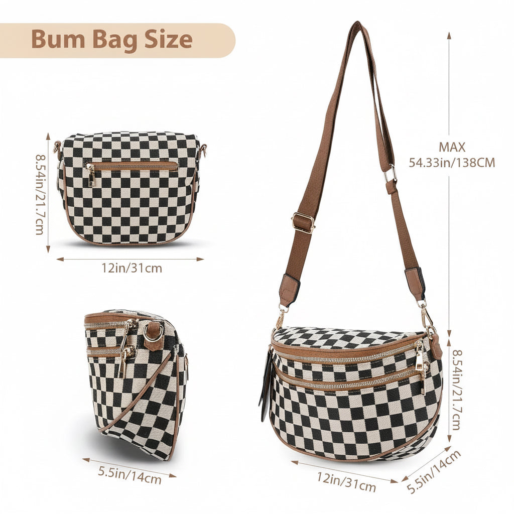 Canvas Crossbody Bag for Women - Checkered Design