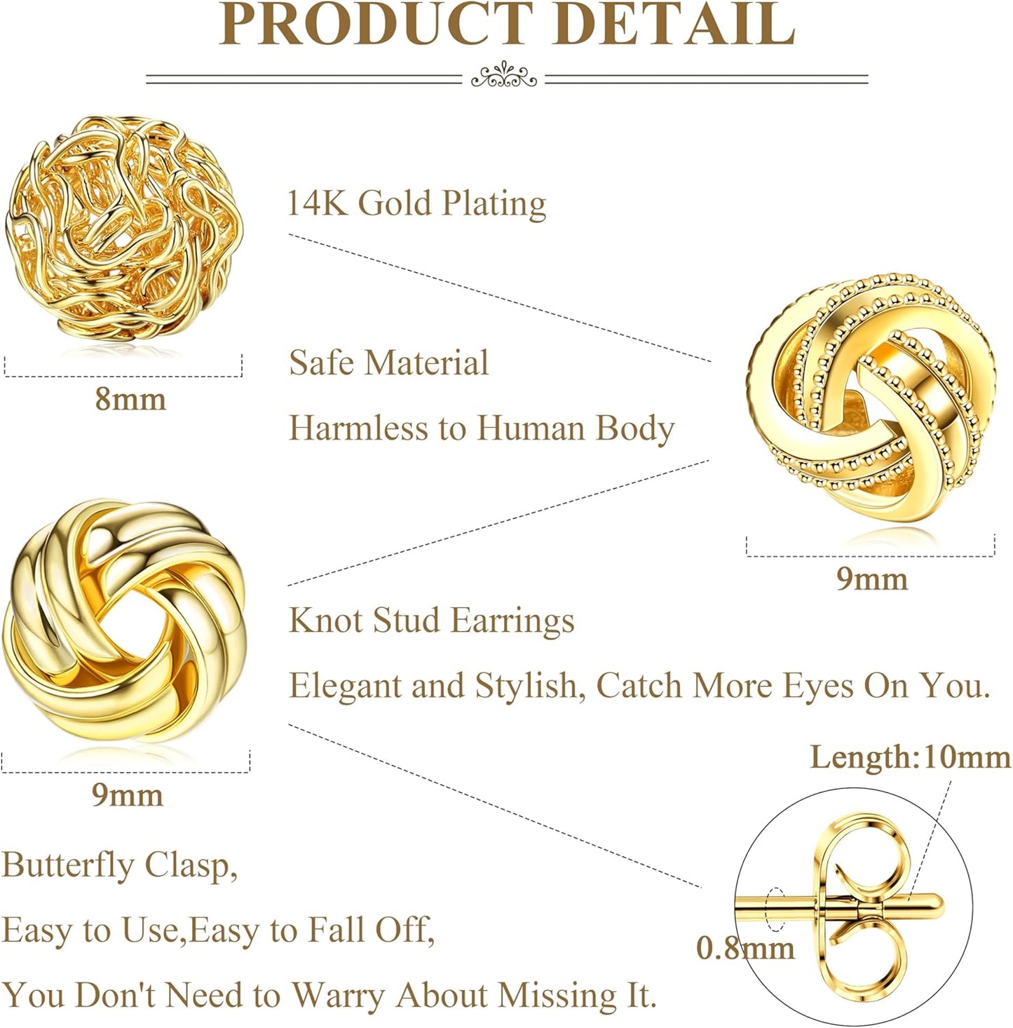 3 Pairs 14K Gold Plated Knot Stud Earrings for Women – Hypoallergenic Woven Ball Earrings Set for Sensitive Ears