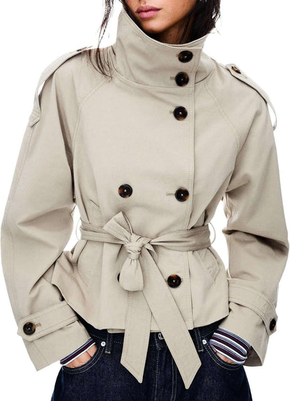 Double-Breasted Cropped Trench Coat with Removable Belt