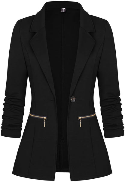 Women’s Long Sleeve Open Front Blazer Cardigan Jacket with Zipper Pockets