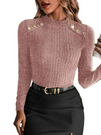 Women's Plain Button Decor Mock Neck Tee - Cyndora