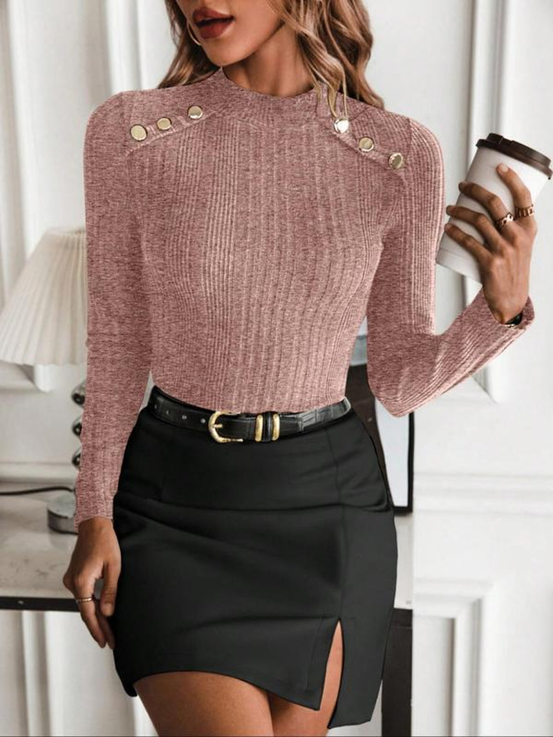 Women's Plain Button Decor Mock Neck Tee