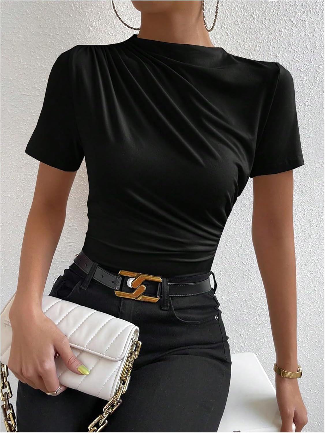 Women’s Ruched Mock Neck Fitted T-Shirt – Short Sleeve Summer Basic Top