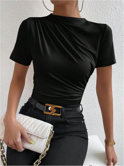 Women’s Ruched Mock Neck Fitted T-Shirt – Short Sleeve Summer Basic Top