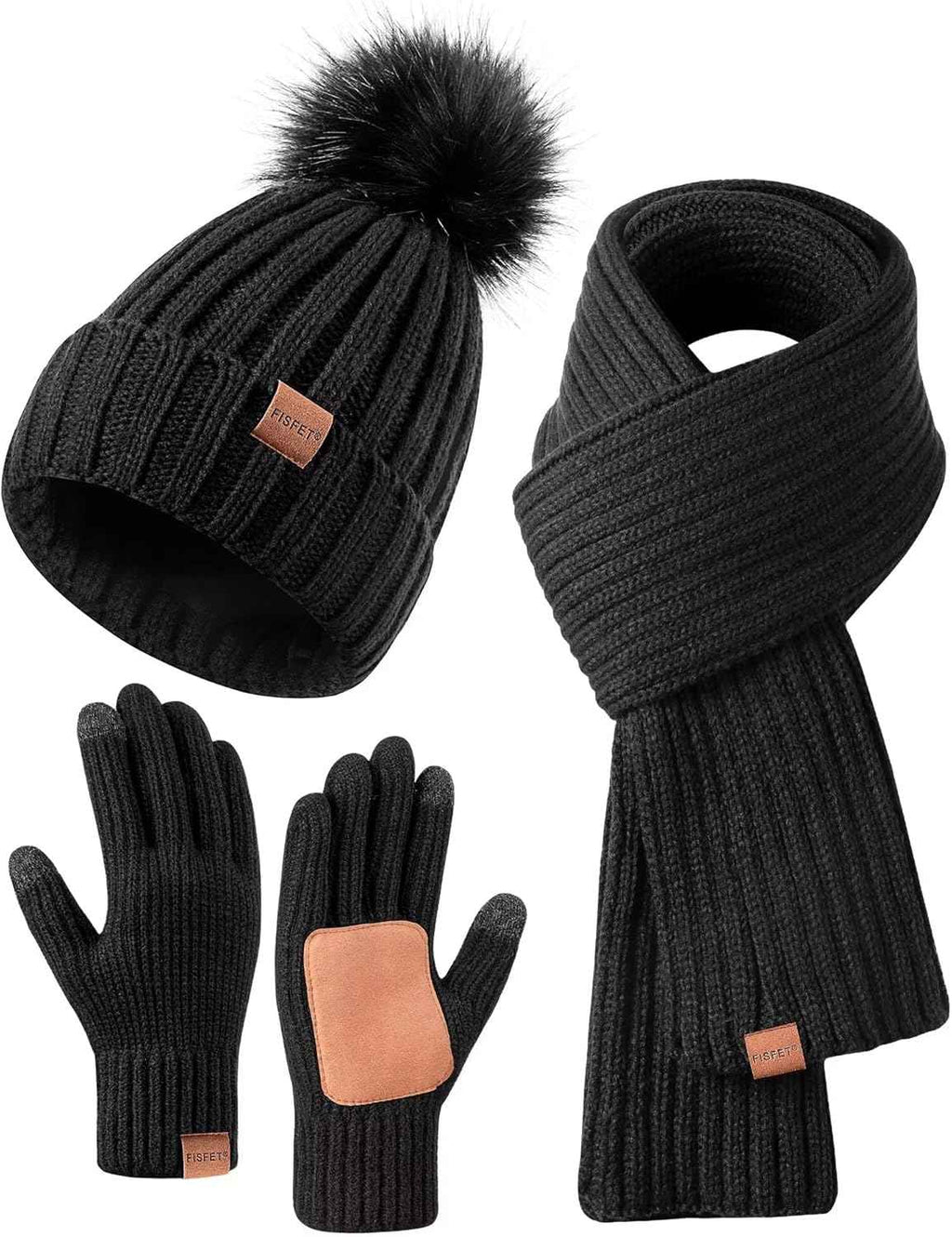 Winter Beanie Hat Scarf Gloves Set for Women - Beanie with Pom Pom Long Scarf Neck Warmer Touchscreen Gloves 3 in 1 Set