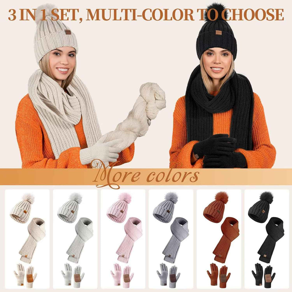 Winter Beanie Hat Scarf Gloves Set for Women - Beanie with Pom Pom Long Scarf Neck Warmer Touchscreen Gloves 3 in 1 Set