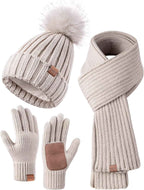 Winter Beanie Hat Scarf Gloves Set for Women - Beanie with Pom Pom Long Scarf Neck Warmer Touchscreen Gloves 3 in 1 Set