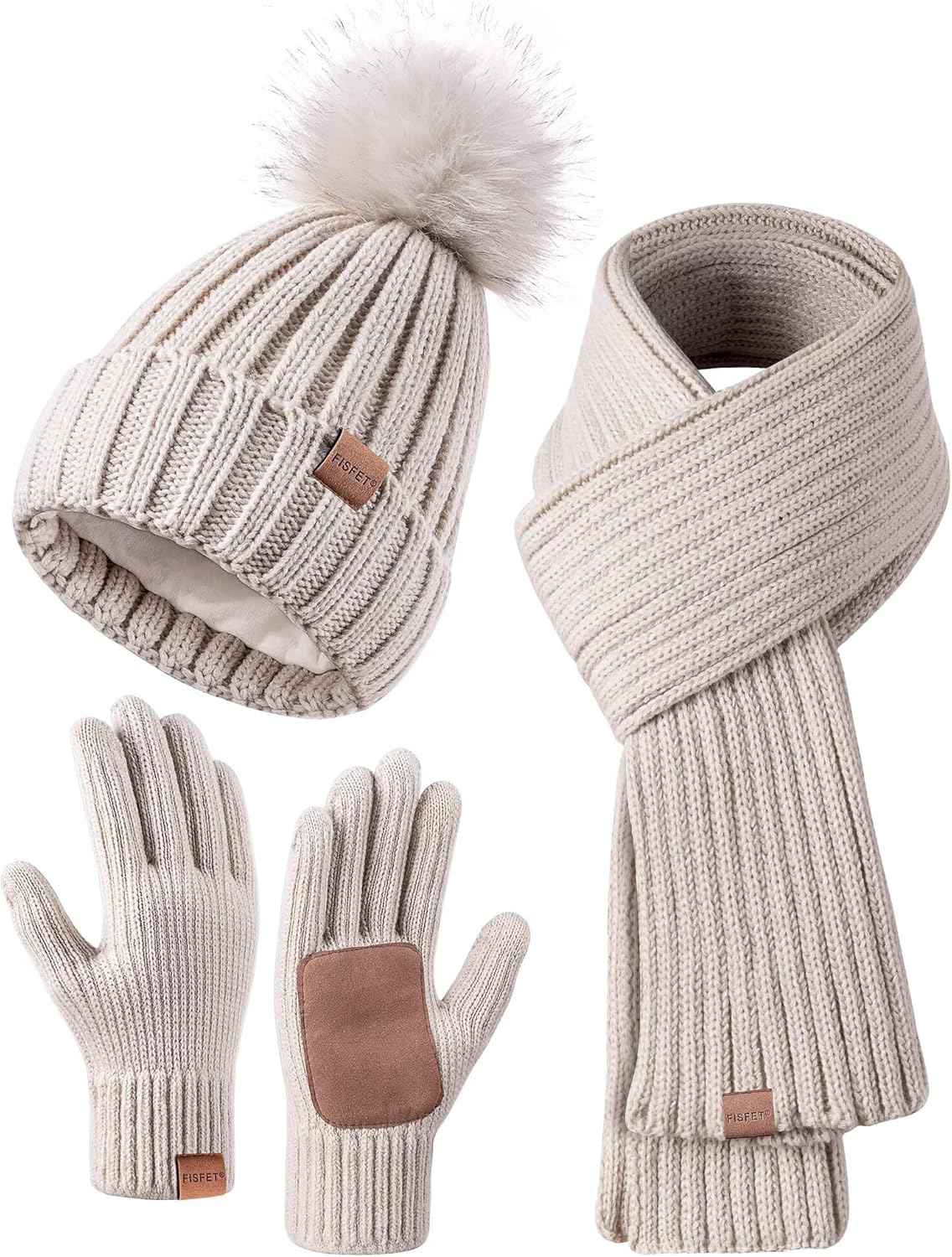 Winter Beanie Hat Scarf Gloves Set for Women - Beanie with Pom Pom Long Scarf Neck Warmer Touchscreen Gloves 3 in 1 Set