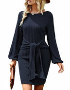 Women's Knitted Sweater Dress with Casual Long Lantern Sleeves for Effortless Style