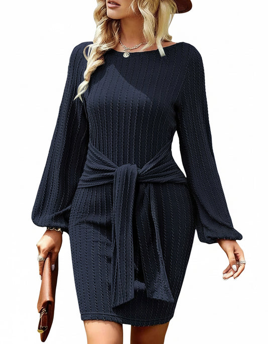 Women's Knitted Sweater Dress with Casual Long Lantern Sleeves for Effortless Style