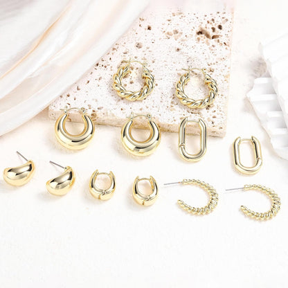 6 Pairs 14K Gold Plated Chunky Hoop Earrings Set for Women – Lightweight Twisted Huggie Hoops Multipack