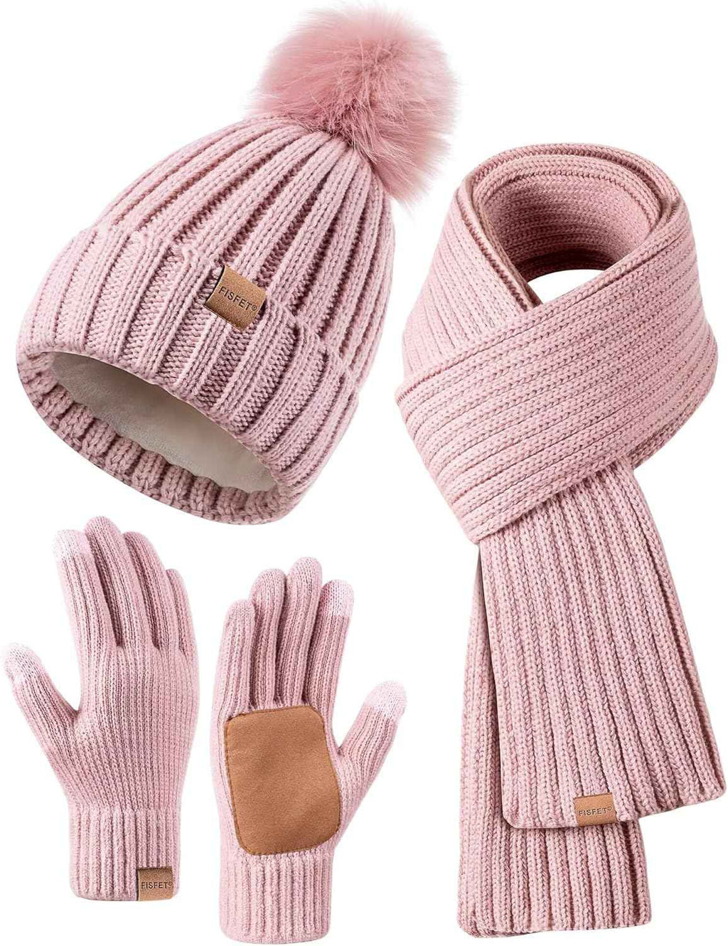 Winter Beanie Hat Scarf Gloves Set for Women - Beanie with Pom Pom Long Scarf Neck Warmer Touchscreen Gloves 3 in 1 Set