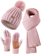 Winter Beanie Hat Scarf Gloves Set for Women - Beanie with Pom Pom Long Scarf Neck Warmer Touchscreen Gloves 3 in 1 Set