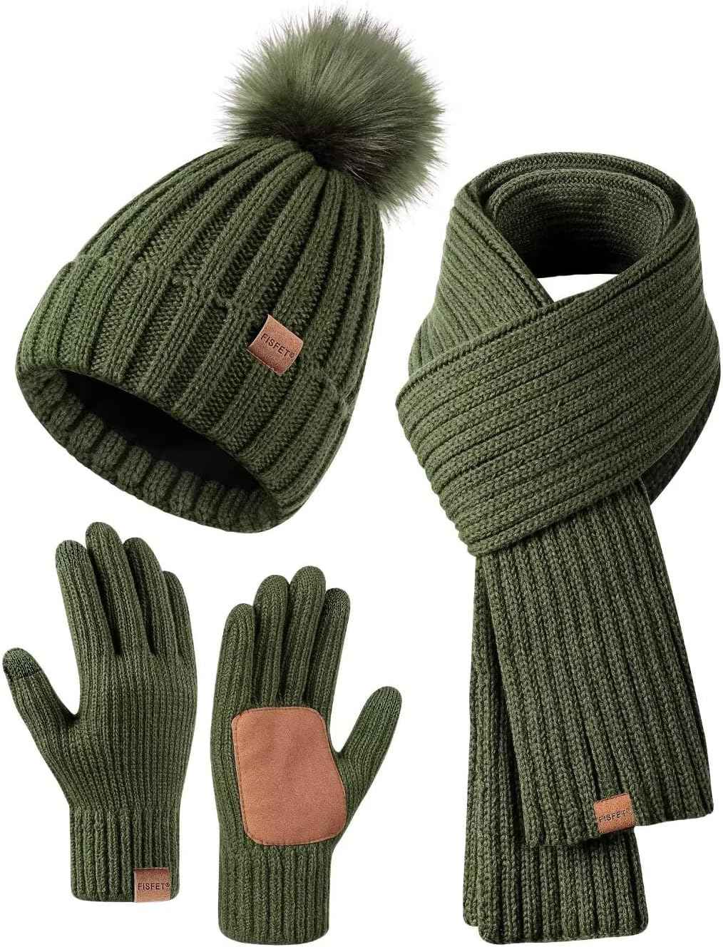 Winter Beanie Hat Scarf Gloves Set for Women - Beanie with Pom Pom Long Scarf Neck Warmer Touchscreen Gloves 3 in 1 Set