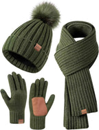 Winter Beanie Hat Scarf Gloves Set for Women - Beanie with Pom Pom Long Scarf Neck Warmer Touchscreen Gloves 3 in 1 Set