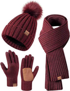 Winter Beanie Hat Scarf Gloves Set for Women - Beanie with Pom Pom Long Scarf Neck Warmer Touchscreen Gloves 3 in 1 Set
