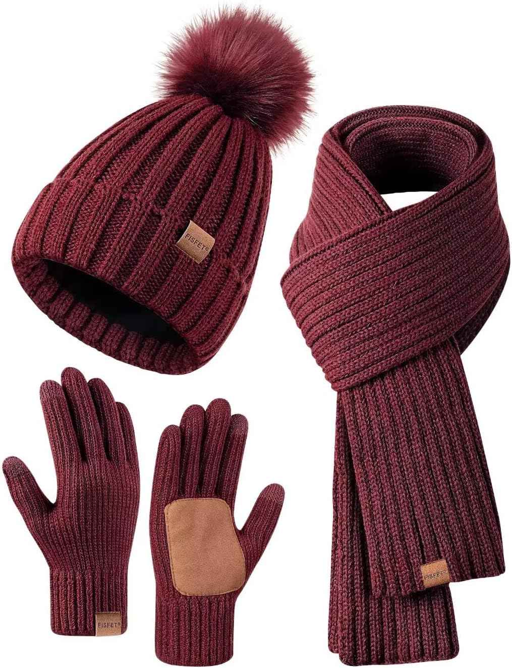 Winter Beanie Hat Scarf Gloves Set for Women - Beanie with Pom Pom Long Scarf Neck Warmer Touchscreen Gloves 3 in 1 Set