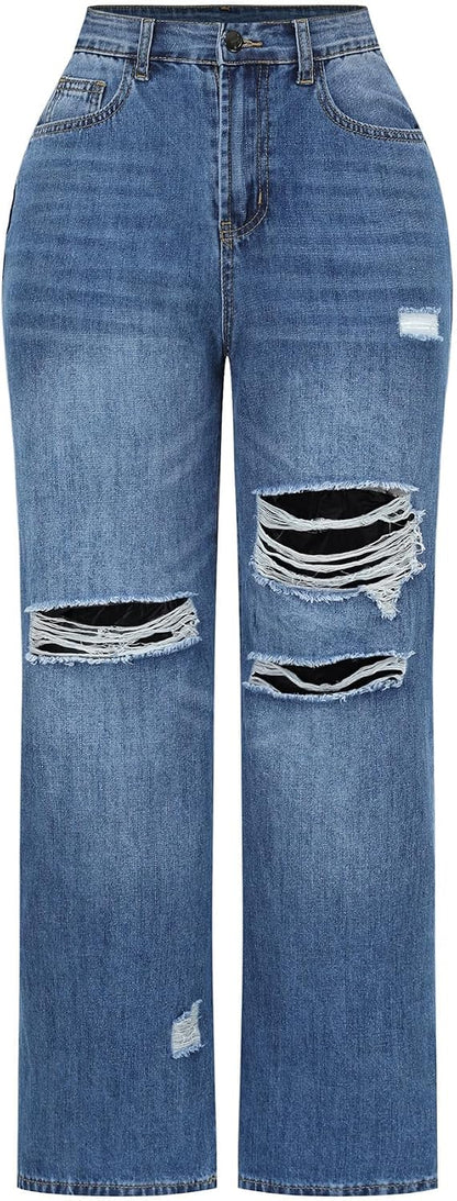 Women's High Waisted Ripped Wide Leg Baggy Jeans