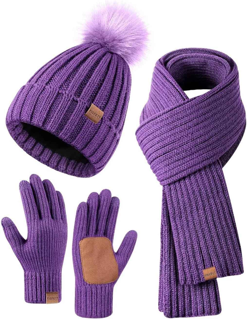 Winter Beanie Hat Scarf Gloves Set for Women - Beanie with Pom Pom Long Scarf Neck Warmer Touchscreen Gloves 3 in 1 Set