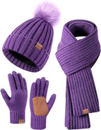 Winter Beanie Hat Scarf Gloves Set for Women - Beanie with Pom Pom Long Scarf Neck Warmer Touchscreen Gloves 3 in 1 Set