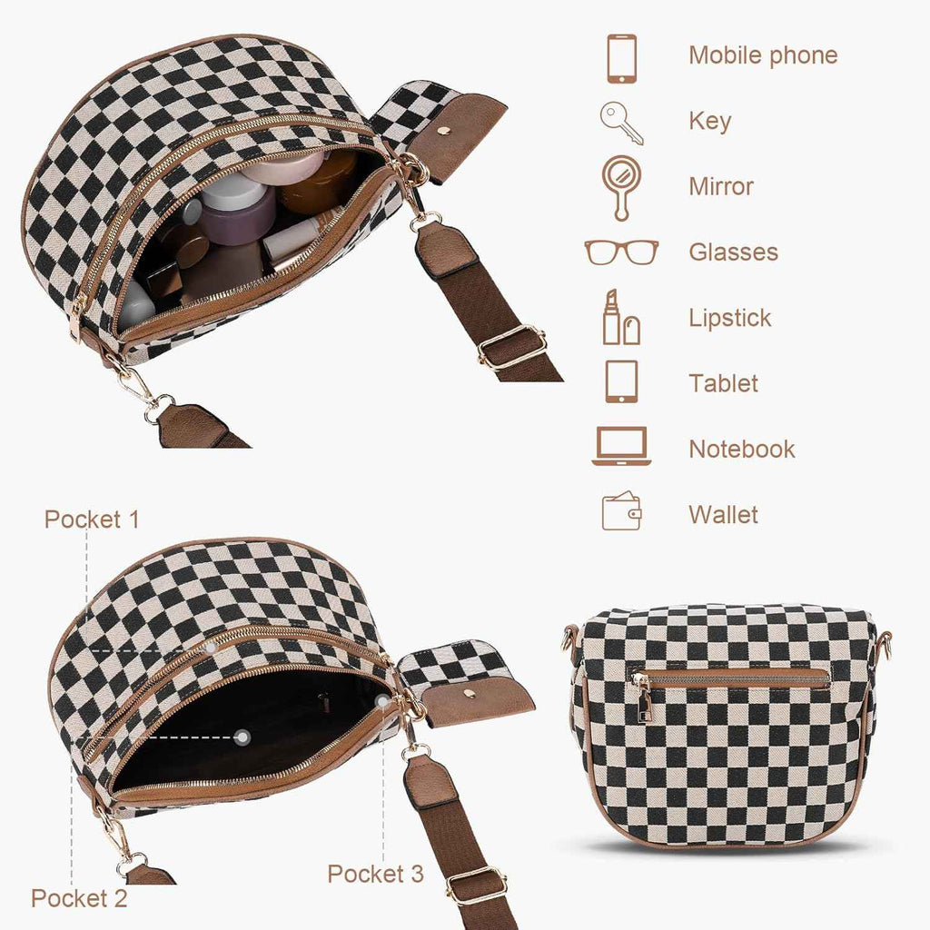 Canvas Crossbody Bag for Women - Checkered Design
