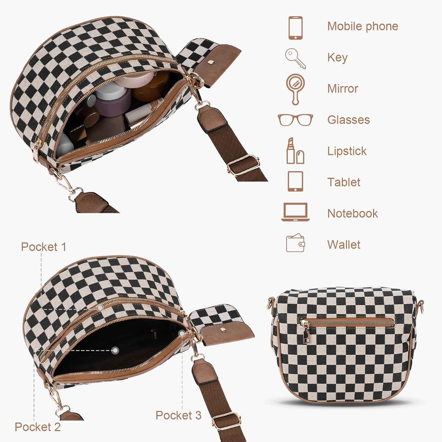 Canvas Crossbody Bag for Women - Checkered Design
