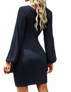 Women's Knitted Sweater Dress with Casual Long Lantern Sleeves for Effortless Style