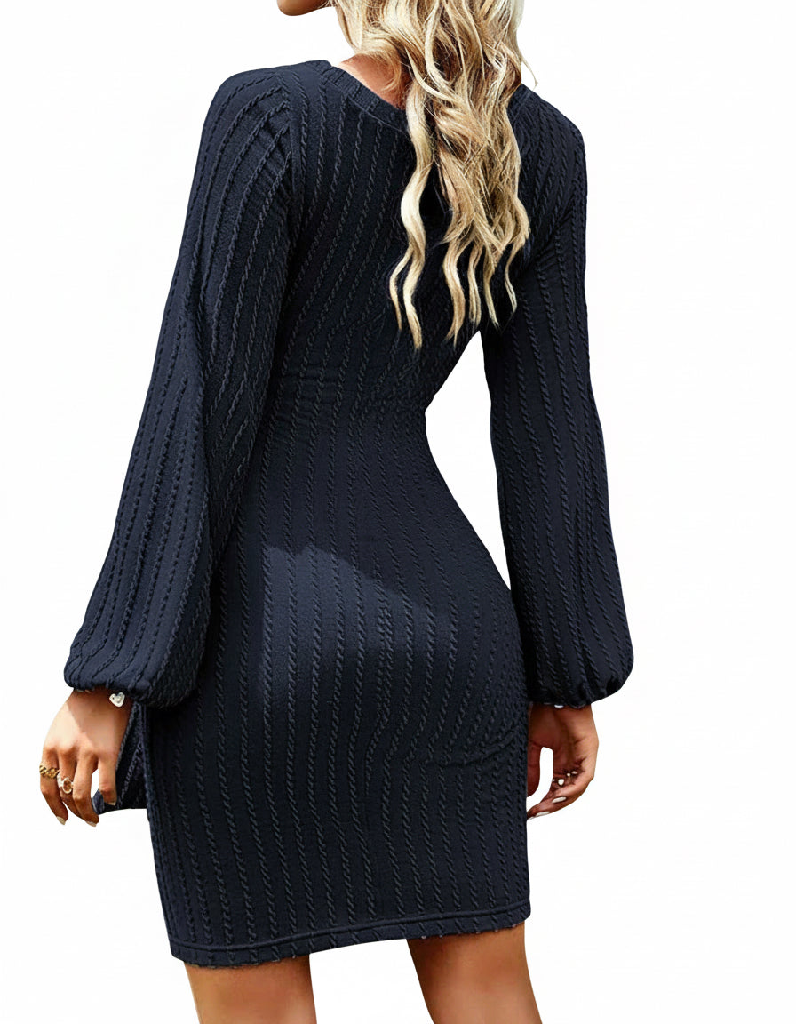 Women's Knitted Sweater Dress with Casual Long Lantern Sleeves for Effortless Style