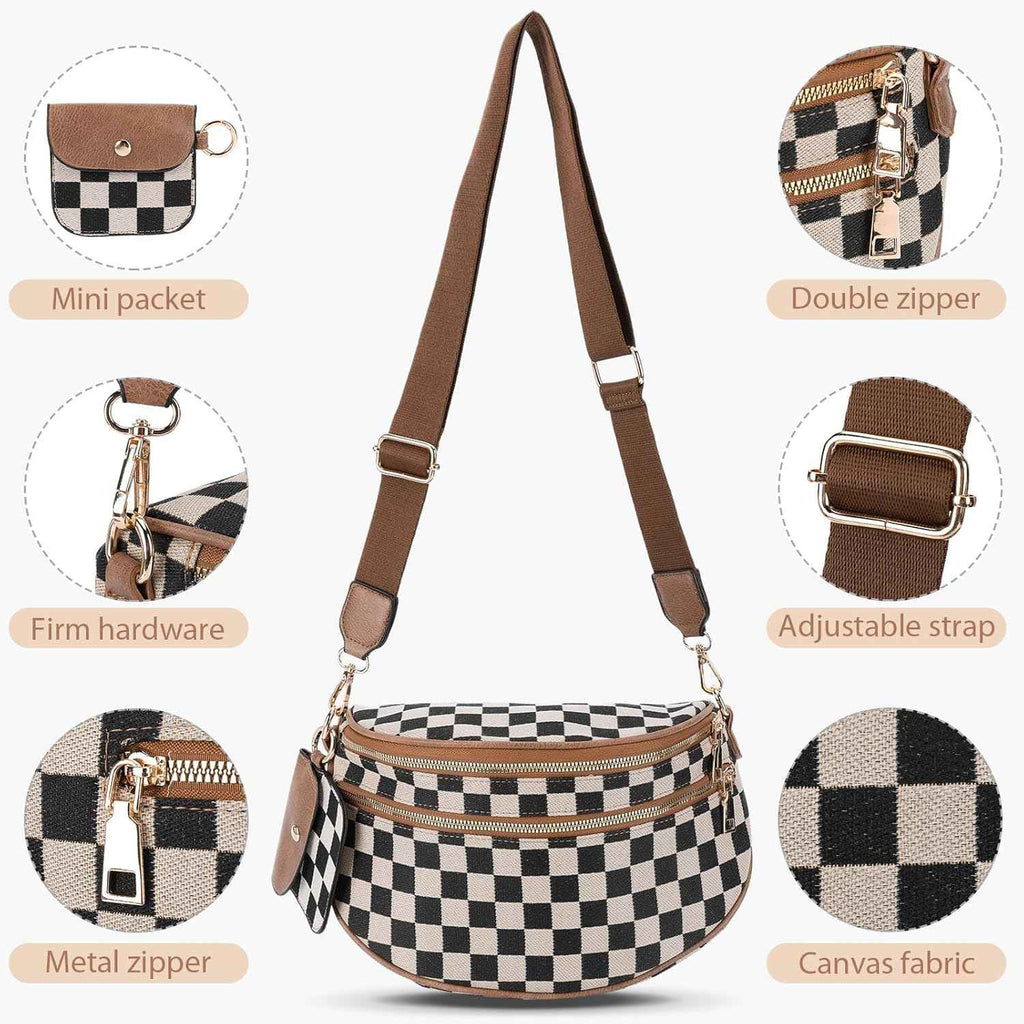 Canvas Crossbody Bag for Women - Checkered Design