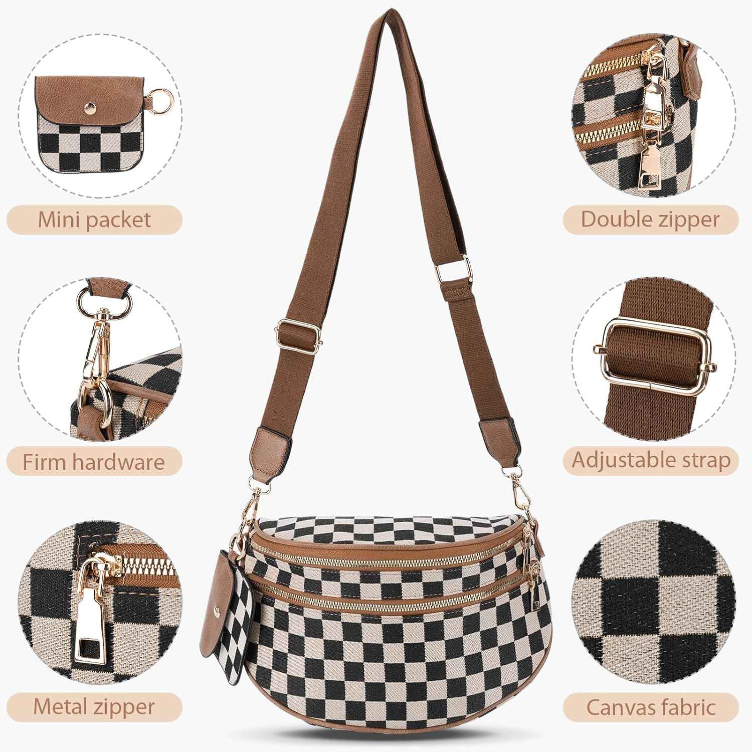 Canvas Crossbody Bag for Women - Checkered Design