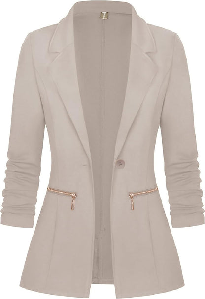 Women’s Long Sleeve Open Front Blazer Cardigan Jacket with Zipper Pockets