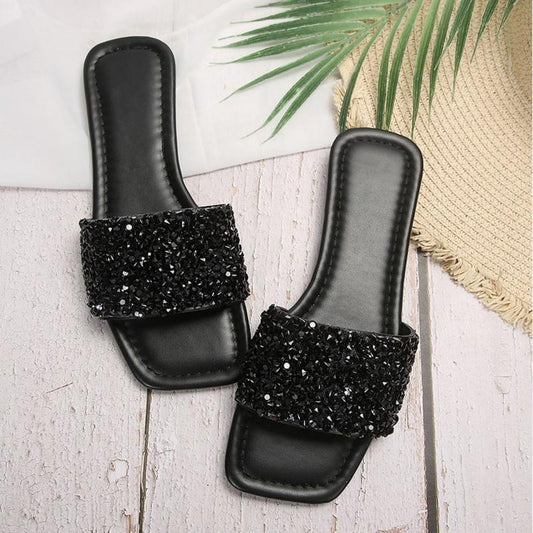 Women's Rhinestone Square Open Toe Flat Bottom Sandals 