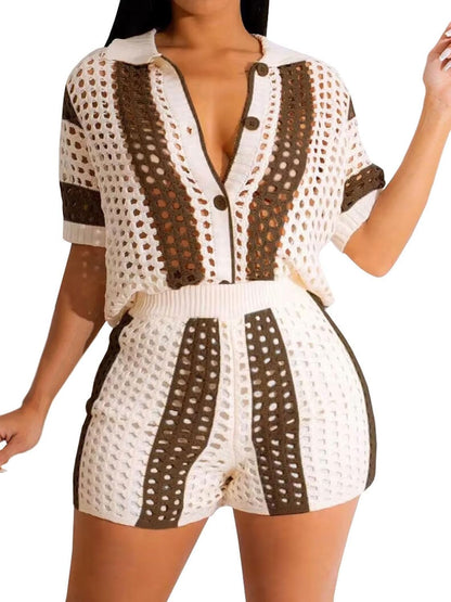 Women’s 2 Piece Knit Short Set – Color Block Button Down Shirt & Shorts Outfit